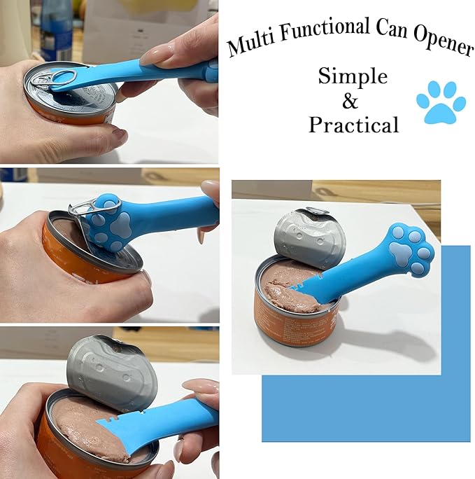 SIANE Cat Food Can Spoons & Can Lids | 4 Pcs | Colorful Multi-Function Opener | Universal Soft Silicone Pet Food Covers | Wet Food Spatula for Kittens and Dogs(Pink+Blue)