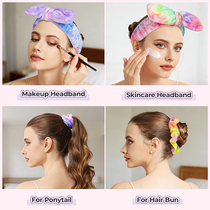 LEOBRO Makeup Headband, Spa Headbands, Skincare Headbands for Women, Headband for Washing Face, with Hair Band, Hair Scrunchies, Gifts for Teens, Girls, Women (Rainbow/Hot Pink/Violet)