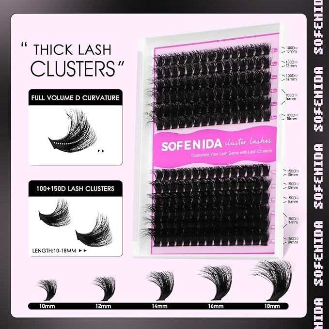 SOFENIDA Lash Clusters Kit Eyelash Clusters 100D+150D Thick Volume Cluster Eyelash Extensions D Curvature Cluster Lashes 10-18mm Wispy DIY Lash Extension Kit(100D+150D-10-18MIX Thick Kit)