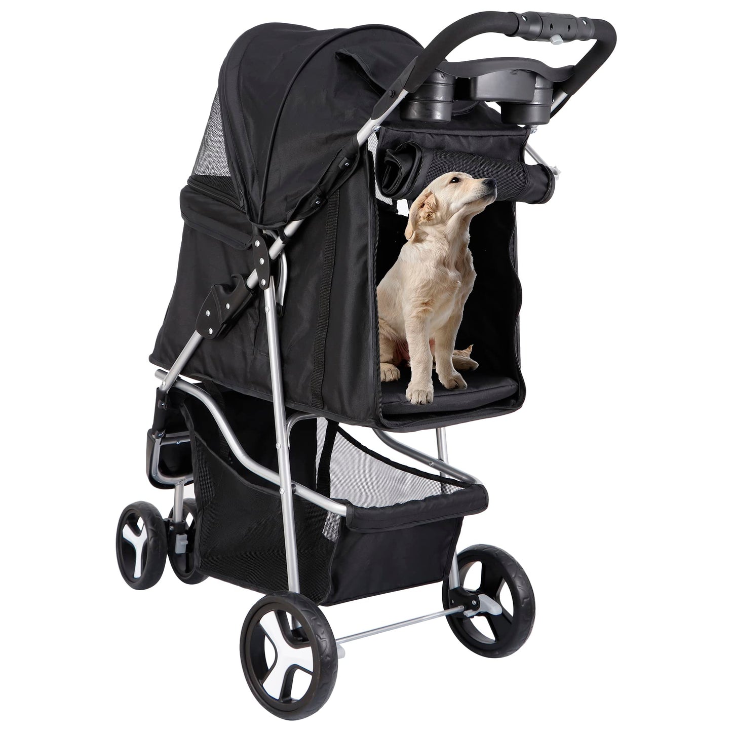 Epetlover 3 Wheels Dog Stroller, Pet Strolling Cart with Skylight Storage Basket Cup Holder Storage Tray, Animal Carrier for Medium Small Dogs and Cats, Easy Walk