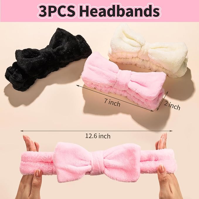 LEOBRO Spa Headband for Skin Care and Makeup, Headbands for Washing Face for Teen Girls Women, with Hair Scrunchies, Basket Valentines Gifts for Girls Women (Pink & Creamy White & Black)