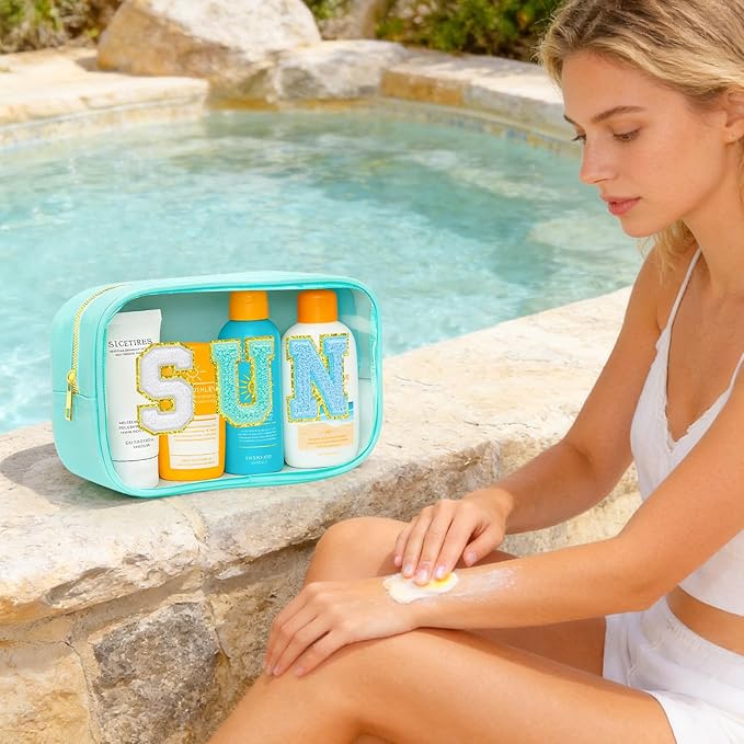 Clear Makeup Bag,Waterproof Sunscreen Bag with Letter Patches,Travel Beach Pool Bag,Personalized Travel Toiletry Cosmetic Bags Gifts For Girl Women Mom Teacher Nurse (Pink-Blue Tone Sun)