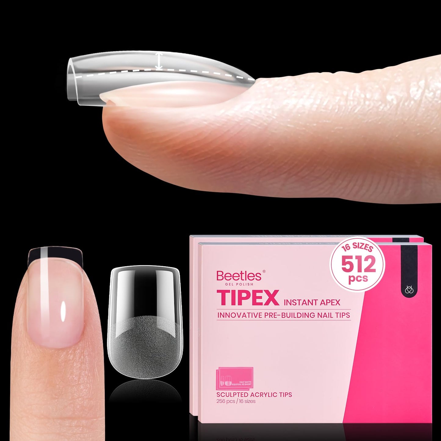 Beetles Tipex Instant Apex Nail Tips, Squoval XS Short Acrylic Nail Tips, Pre-Etched Pre-Building Strong Thick Long Lasting,16 Sizes,512 Pieces