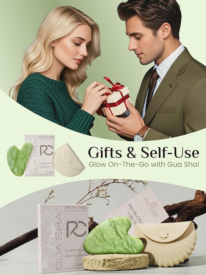 Rena Chris Gua Sha Facial Tools, Jade Guasha Tool for Acupuncture, Manual Massage Tool for Jawline Sculpting and Puffiness Reducing, Gua Sha Facial Massage Tool with Silicone Case (Lime Green)
