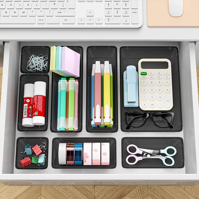 12-Piece Drawer Organizer Set, 4 Sizes Versatile Plastic Vanity Organizer for Makeup, Stationery, Gadgets, in Kitchen, Bathroom, Office, and Bedroom, Black