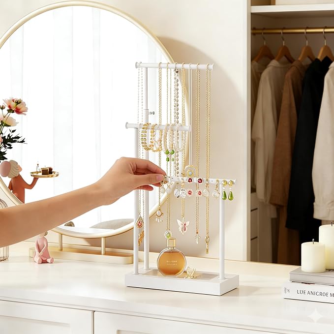 SRIWATANA Jewelry Organizer Stand, Extra Tall Jewelry Display Necklace Holder, Gift Idea (White)