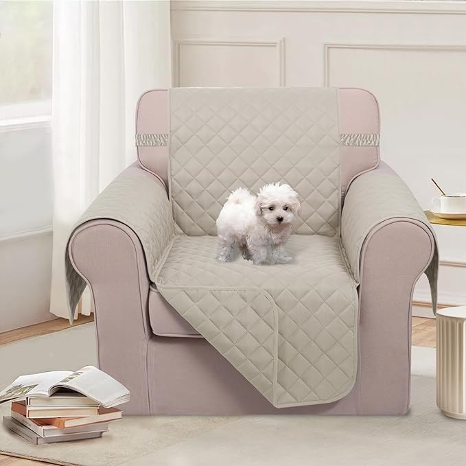 U-NICE HOME Recliner Chair Covers Reversible Chair Cover Pet Covers for Dogs with Elastic Straps Water Resistant Diamond Quilted (23''Armchair, Beige/Beige)