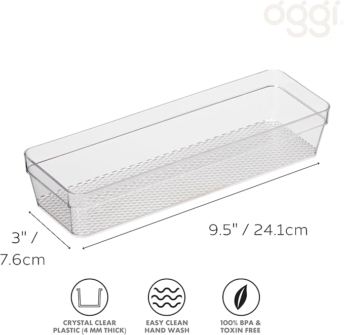 Oggi Clear Drawer Organizer - 3" X 9.5" - Ideal for Organizing Kitchen Drawers, Office, Desk, Silverware, Kitchen Utensils, Cosmetics and Bathrooms