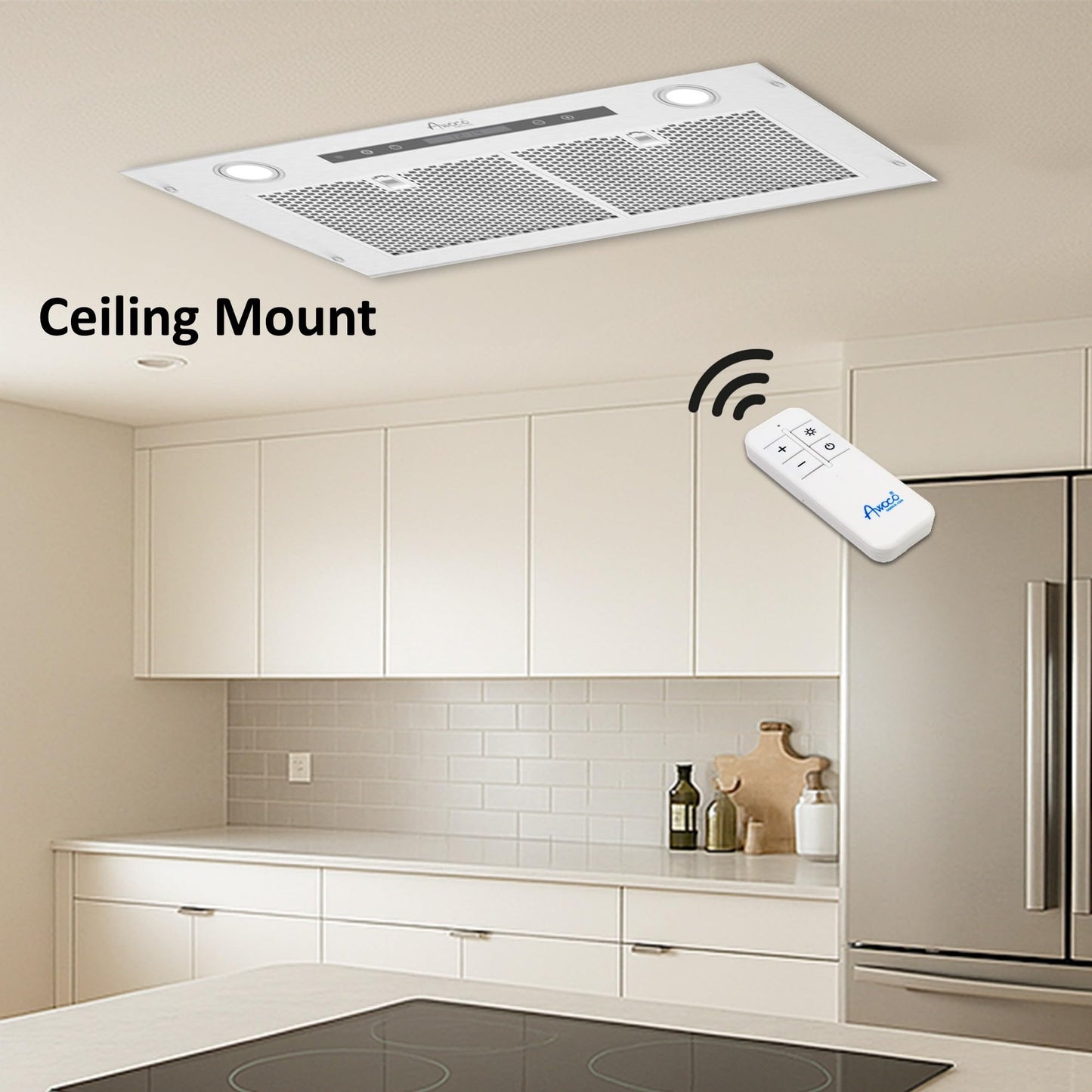 Awoco 14-1/2”D Super Quiet Split Insert Ceiling Mount Stainless Steel Range Hood, 4-Speed, 1000 CFM, LED Lights, Mesh Filters with 8” Blower & Remote Control (36"W 8" Vent)