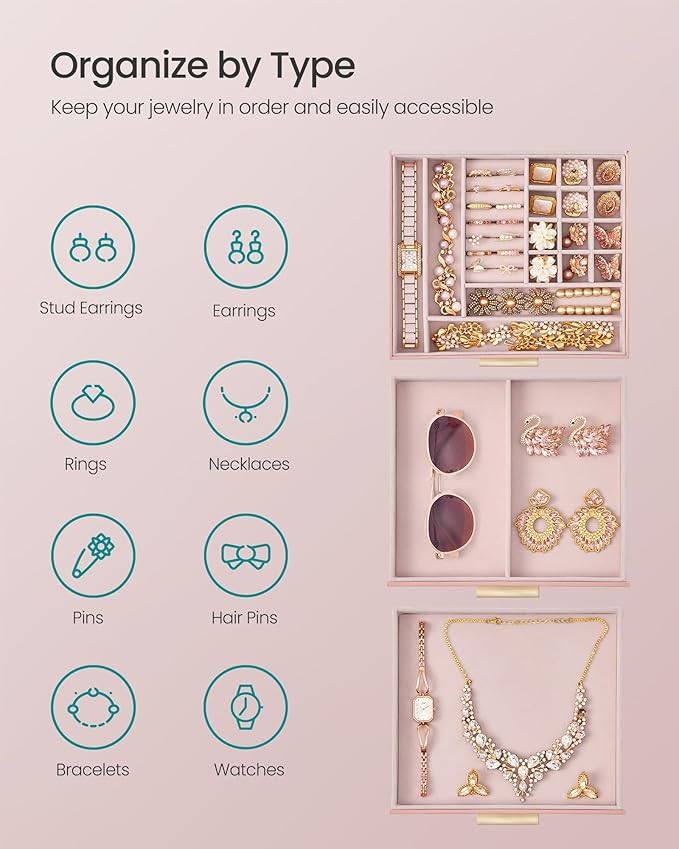 SONGMICS GISELLA Collection - Jewelry Box Organizer, 3-Layer Jewelry Storage with 2 Drawers, Shiny Metal Hardware, Glass Lid, Modern, 8 x 9.1 x 5.3 Inches, Jelly Pink and Gold Color UJBC239SA01S