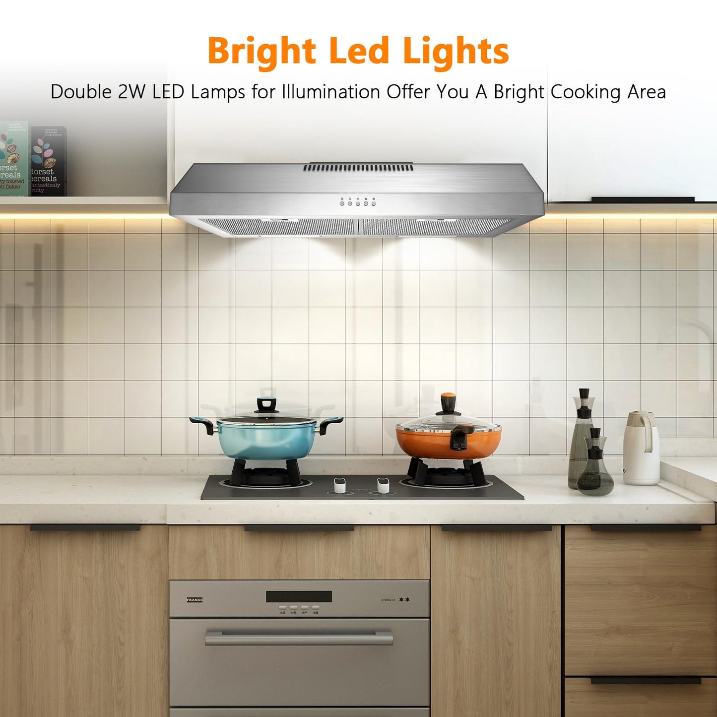 Range Hood 30 inch, 600 CFM Under Cabinet Range Hood with Strong Suction for Duct/Ductless Convertible, Stainless Steel Kitchen Hood with 3 Speed Exhaust Fan and Two Bright LED Lights