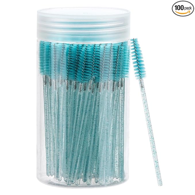 100 Pcs Disposable Mascara Wands, Crystal Eyebrow Spoolies Brush for Eyelash Extensions, Lash Brushes with Container (Blue)