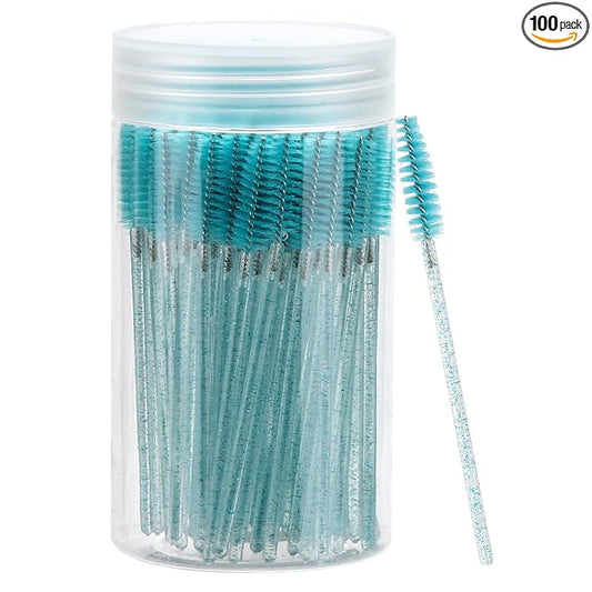 100 Pcs Disposable Mascara Wands, Crystal Eyebrow Spoolies Brush for Eyelash Extensions, Lash Brushes with Container (Blue)