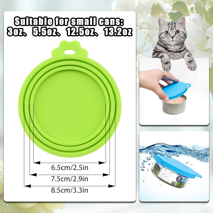 PINE & LINEN 4 Pcs Durable Pet Can Lids,One fit 3 Standard Size Silicone Waterproof Cat Food Cans Lids for 3oz/5.5oz/12.5oz/13.2oz Cat Food Cans（Sky Blue+Orange+Purple+Green）