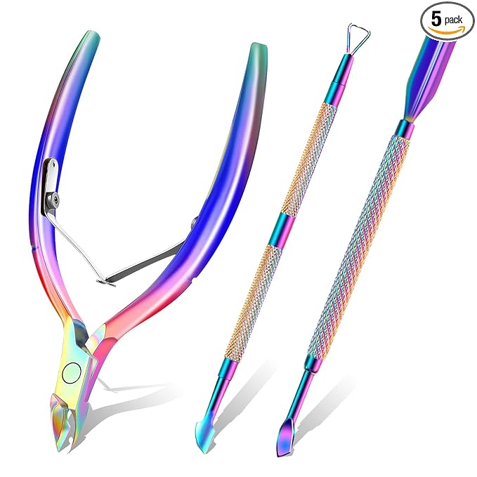 Cuticle Trimmer with Cuticle Pusher and Scissors, Cuticle Remover Professional Durable Pedicure Manicure Tools, Stainless Steel Cuticle Nipper Cutter Clipper for Fingernails and Toenails (Colored)