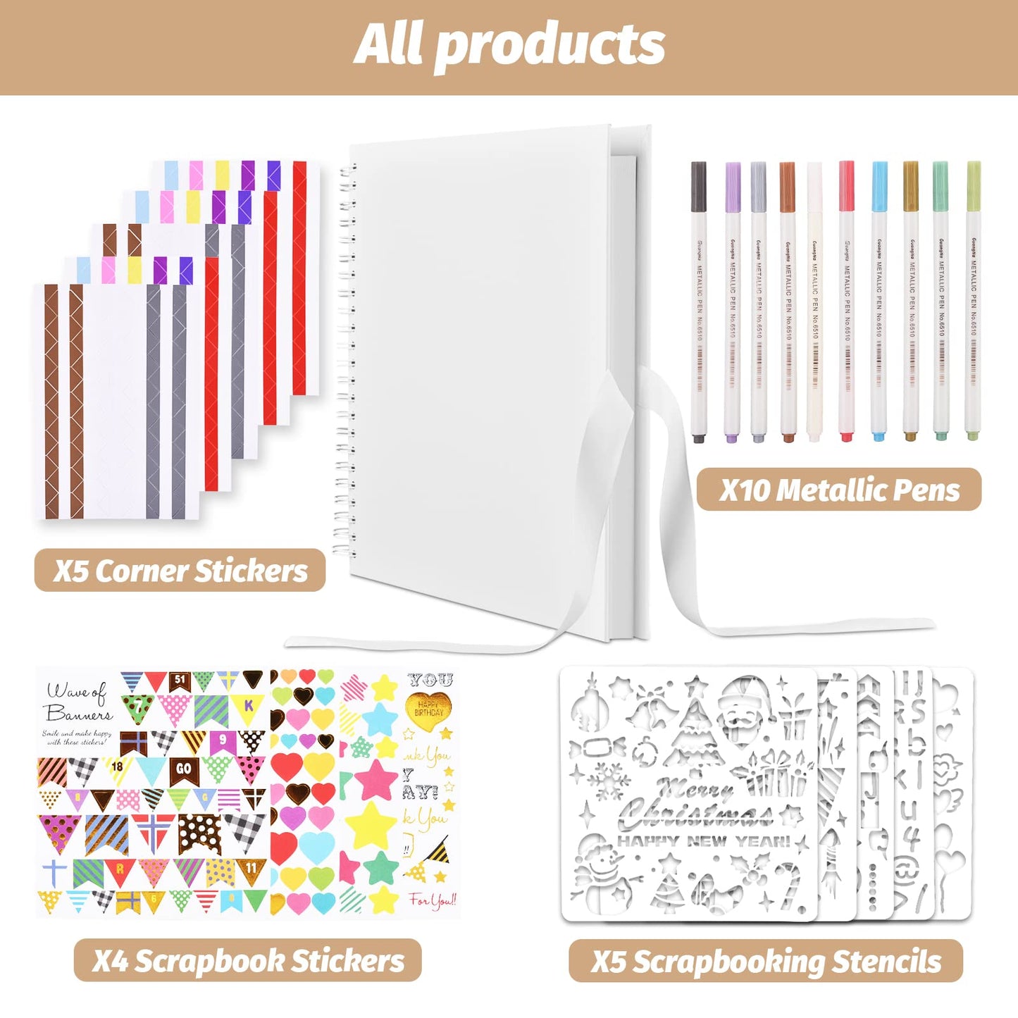 GOTIDEAL 12 x 12 Inch Scrapbook Album with 10 Metallic Markers,80 Pages Craft Paper Photo Album for Wedding and Anniversary, Family DIY Photo Album with Scrapbooking Stickers Corners(White)