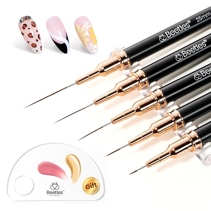 Beetles Liner Brushes for Nails 5pcs - Metallic Nail Art Brushes Black Nail Art Pens Liner Sizes 5/9/15/20/25mm with Palette Holder Painting Manicure Design Tools for Long Lines, Details, Fine Drawing