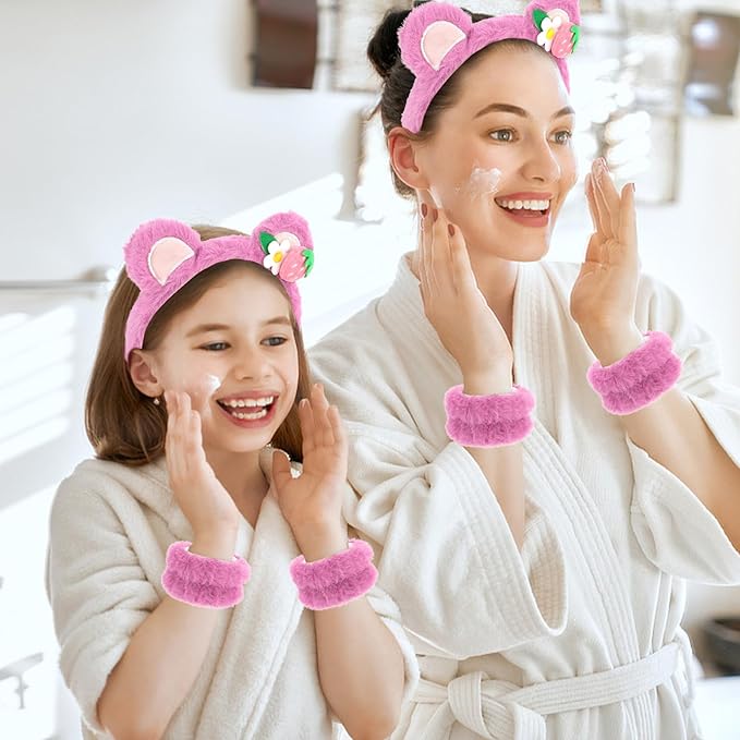 CAVETEE Hairband, 3 Piece Pink Bear Ears Makeup Headband for Women, Spa Cosmetic Elastic Headband and Wristband Set for Women Girl Wash Face Skincare Makeup Shower Spa