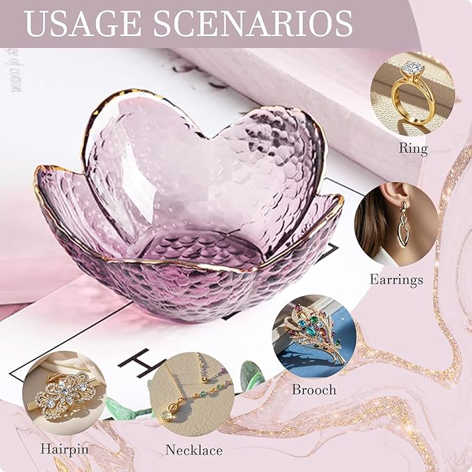 Gifts for Women Purple Flower Jewelry Dish Glass Ring Holder Decorative Jewelry Tray Cute Vanity Room Decor Aesthetic Nightstand Bathroom Decor Trinket Dish Friendship Birthday Christmas Gifts (2pcs)