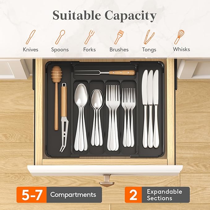 Lifewit Silverware Organizer for Drawer, Expandable Utensil Tray, BPA-Free Adjustable Cutlery Holder for Kitchen Storage, 8.1-13.9 x 11.3, Black