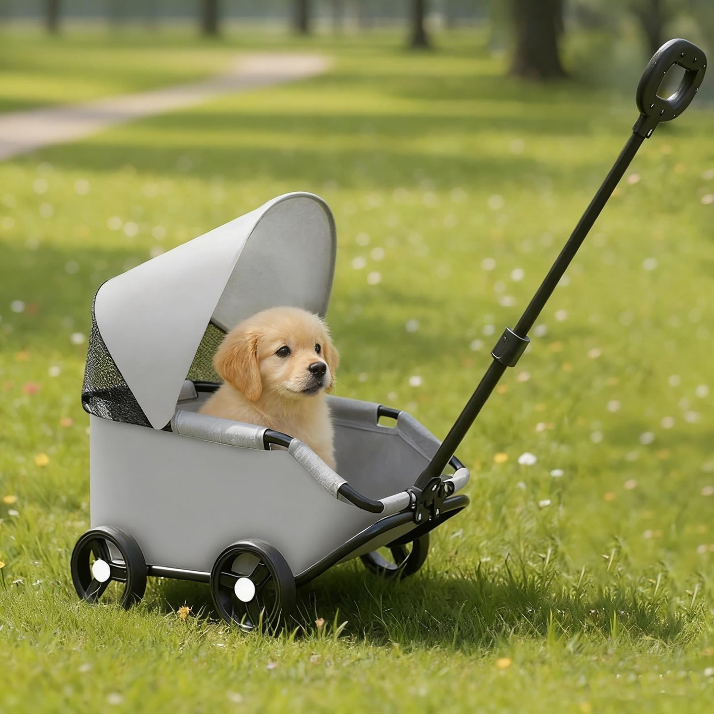 Luxury Pet Stroller, Gray, Foldable Design with Adjustable Canopy,Small Dog Wagon, for Small Dogs and Cats, with Extended Handle