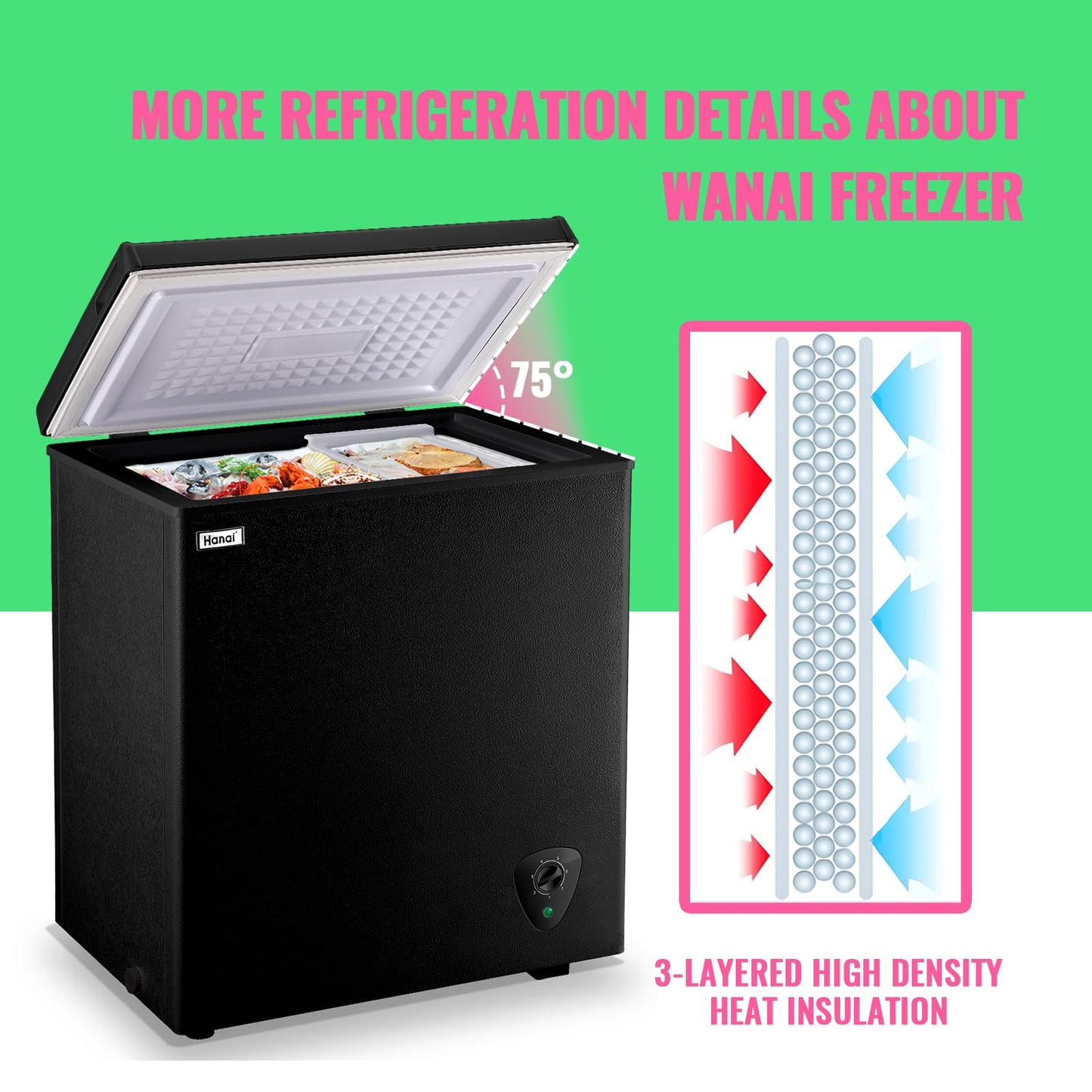 Deep Freezer WANAI 5.0 Cubic Chest Freezer with Top Open Door and Removable Storage Basket, 7 Gears Temperature Control, Energy Saving, Ideal for Office Dorm or Apartment