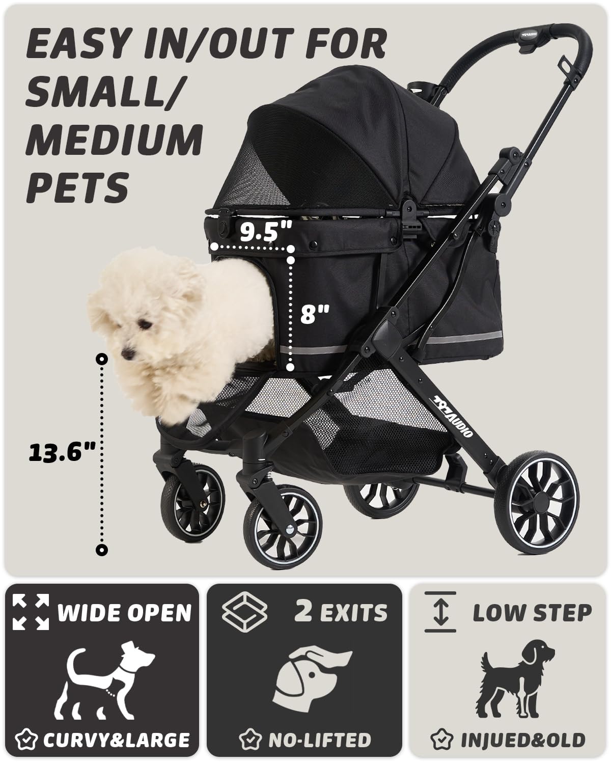 797Audio Dog Stroller for Small Medium Dogs,Pet Stroller for Cats Puppy Up to 121lbs,Foldable,One Click Folding,4 Wheel Shock Absorption,Adjustable Canopy with Sun Shades,Removable Washable Pad(Black)