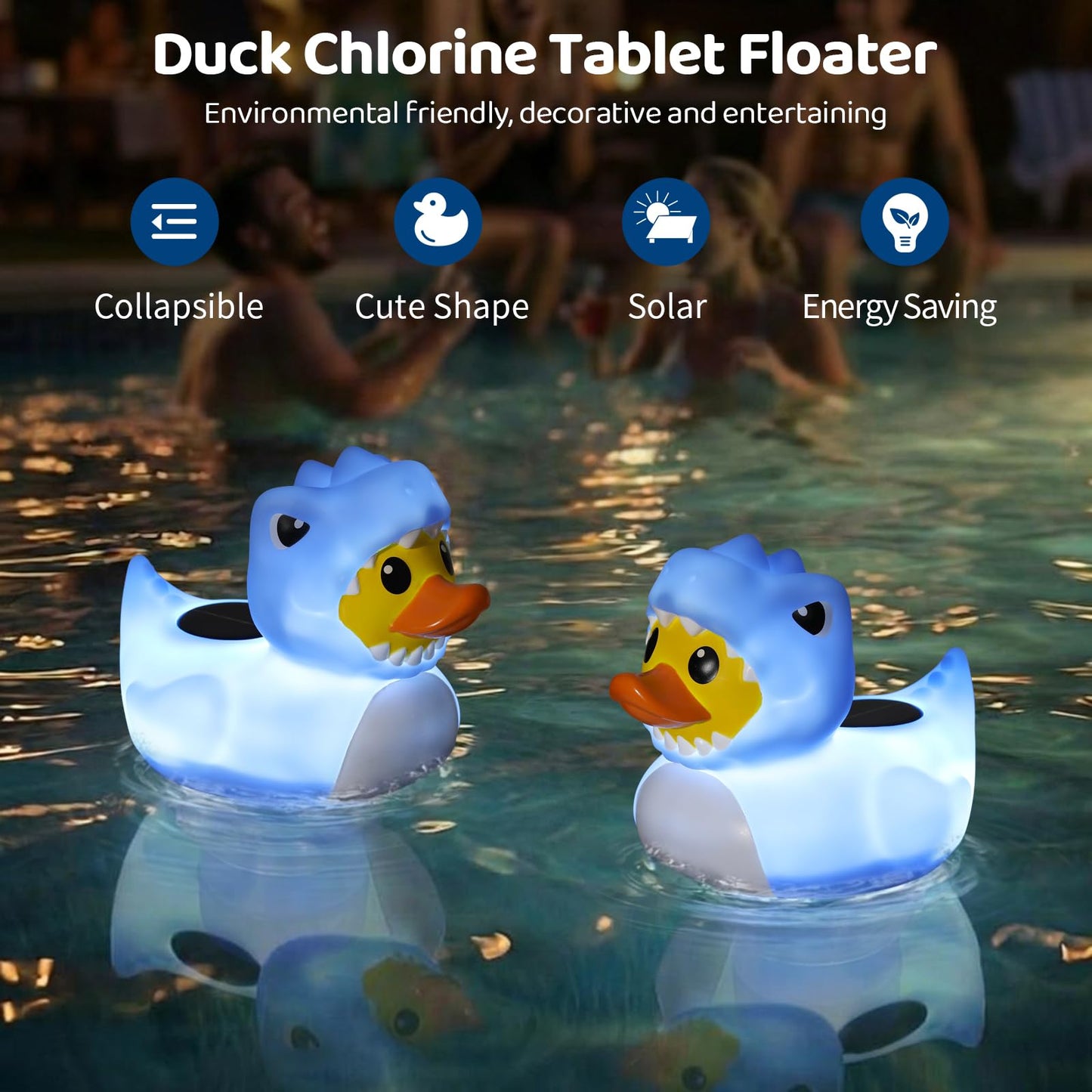 Housolution Solar Pool Chlorine Floater, Floating Chlorine Dispenser with Light, Fits 4x3in Tablets, Adjustable Release, Easy Opening & Anti-Sinking, Tablet Floater for Pool Hot Tub SPA, Duck