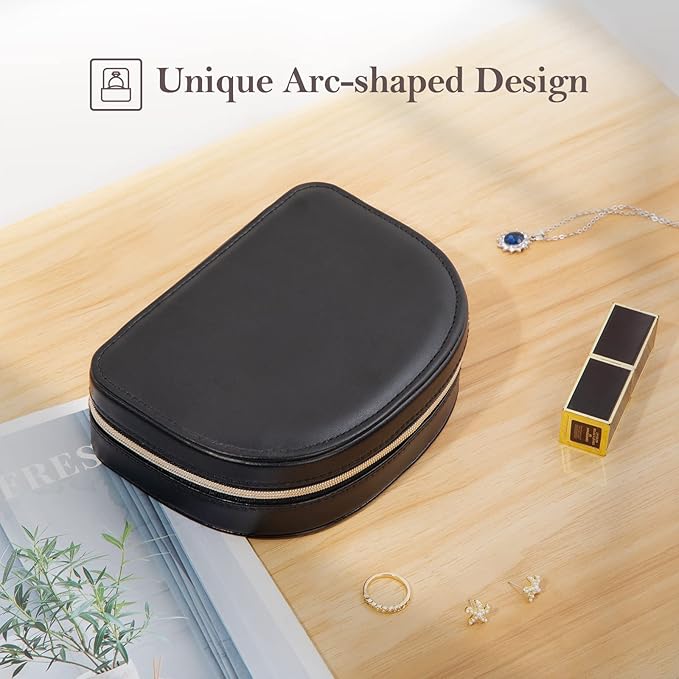 ProCase Travel Size Jewelry Box, Medium Portable Seashell-Shaped Jewelry Case, 2 Layer Jewelry Organizer in PU Leather for Women -Black