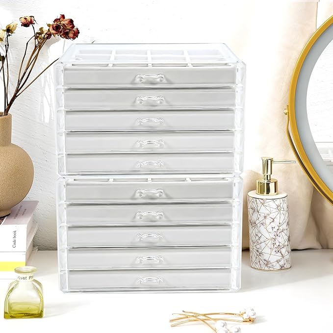 ProCase Earring Holder Organizer Jewelry Box with 10 Drawers, Acrylic Clear Earring Case with Adjustable Velvet Trays for Women - Warmwhite,10 Layers