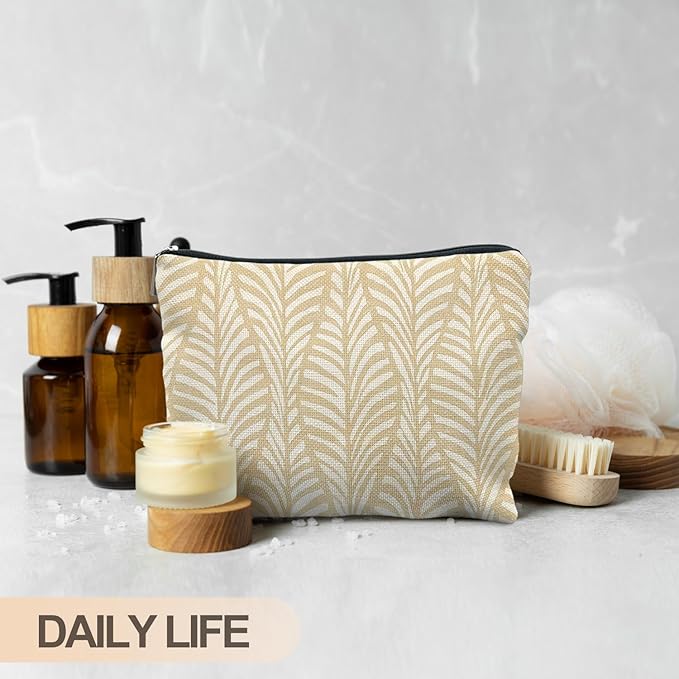 Boho Beige Leaf Makeup Bag, Neutral Block Print Leaves Cosmetic Bags for Women, Minimalist Beige Botanical Zipper Makeup Pouch