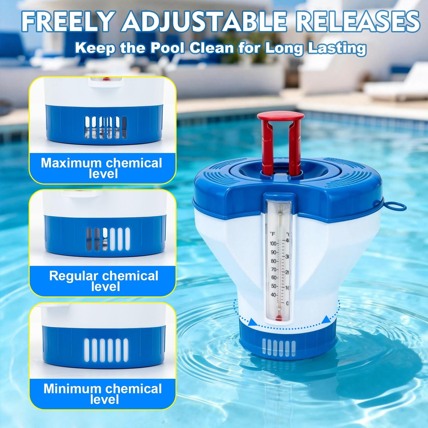 Pool Chlorine Floater Dispenser with Thermometer - 8" Pool Floater Pop-Up Refill Indicator Large Floating Chlorine Holder for 1 to 4 inch Tablets Floating Dispenser for Pools Spas Hot Tubs