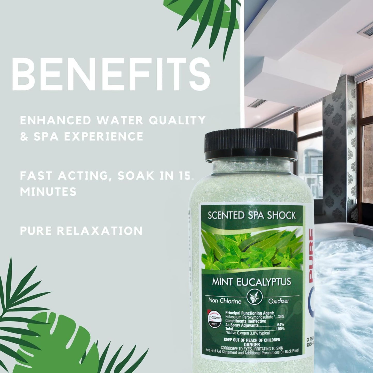 Eucalyptus Scented Spa Shock- Non-Chlorine Shock for Any Spa or Hot Tub-Use with Bromine Tablets or Spa Chlorine. Fragrance Infused Oxygen Crystals Treat Water and Oxidize Chemical Odors