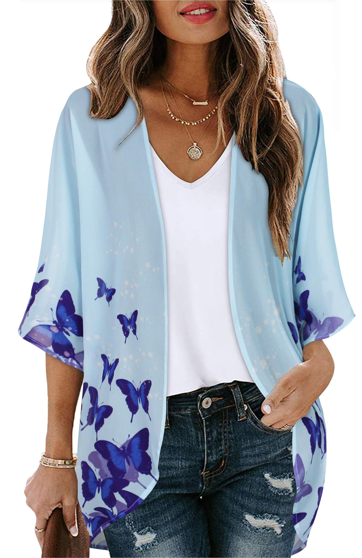 Women's Kimono Floral Cardigan Print Puff Cover Up Casual Blouse Summer Tops (Butterflies on Blue, 2XL)