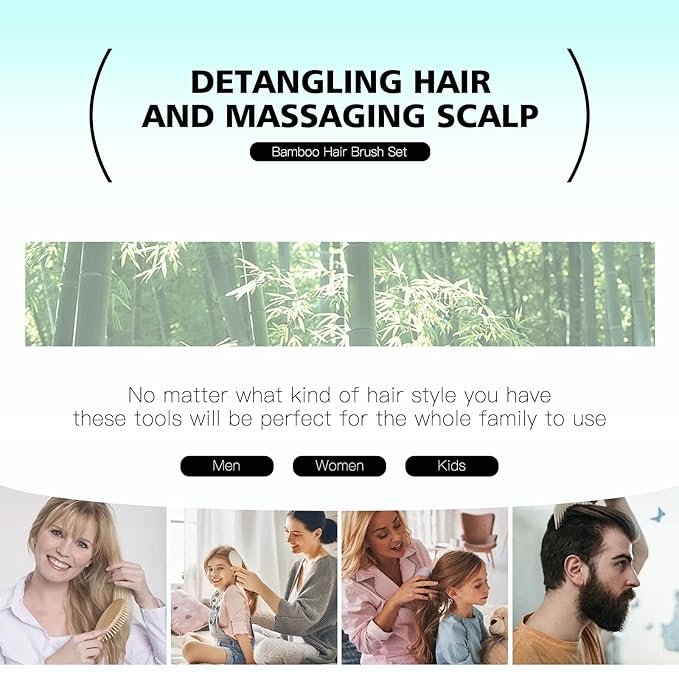 Combeter Bamboo Hair Brush and Comb Set (4PCS) Ã¢ÂÂ Natural & Eco-Friendly Detangler Comb for Women, Men & Kid, Reduces Frizz, Promotes Healthy Hair Growth Ã¢ÂÂ Wooden Paddle Brush with Scalp Massage