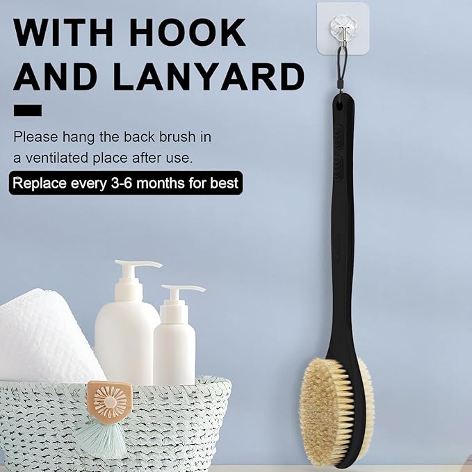 Back Scrubber for Shower with Long Handle, Exfoliating Bath Brush for Body - Double Sided Bristles (Stiff & Soft), Anti-Slip Grip, Lightweight - Gift for Seniors, Includes Lanyard & Hook,Black