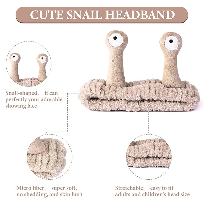 Face Wash Headband, Palm and Snail Spa Hair Bands Makeup Headbands Women Cartoon Cute Coral Fleece Elastic Headband Creative Hair Accessories for Washing Face Shower Sports (Khaki)