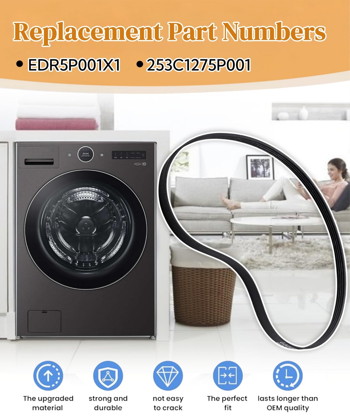 253C1275P001 Washer Motor Drive Belt Fits For GE LG Kenmore Clothes Washer,Washing Machine Parts Replace EDR5P001X1(Polyv Belt 6:1)