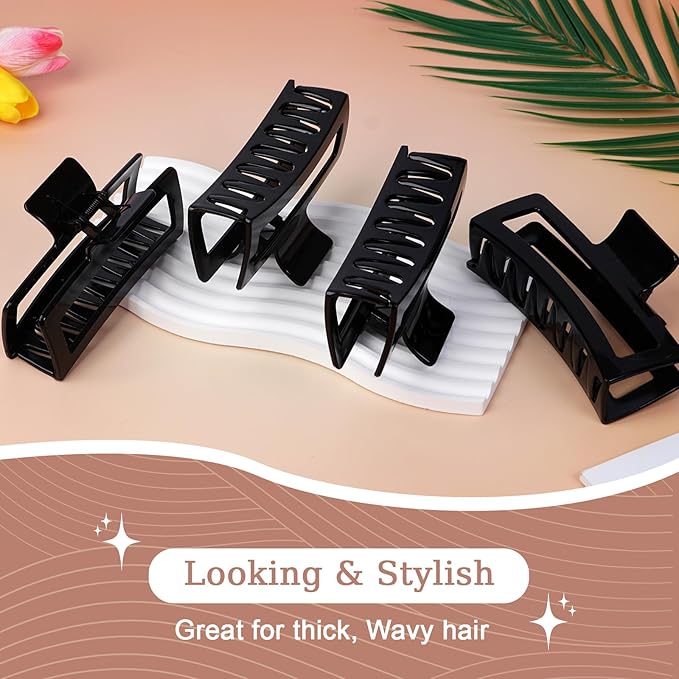 5 Inch XL Jumbo Claw Clips for Thick and Long Hair, 4-Pack Oversized Glossy Rectangle Hair Clips for Women, Strong Hold Non-Slip Jaw Clips, Black