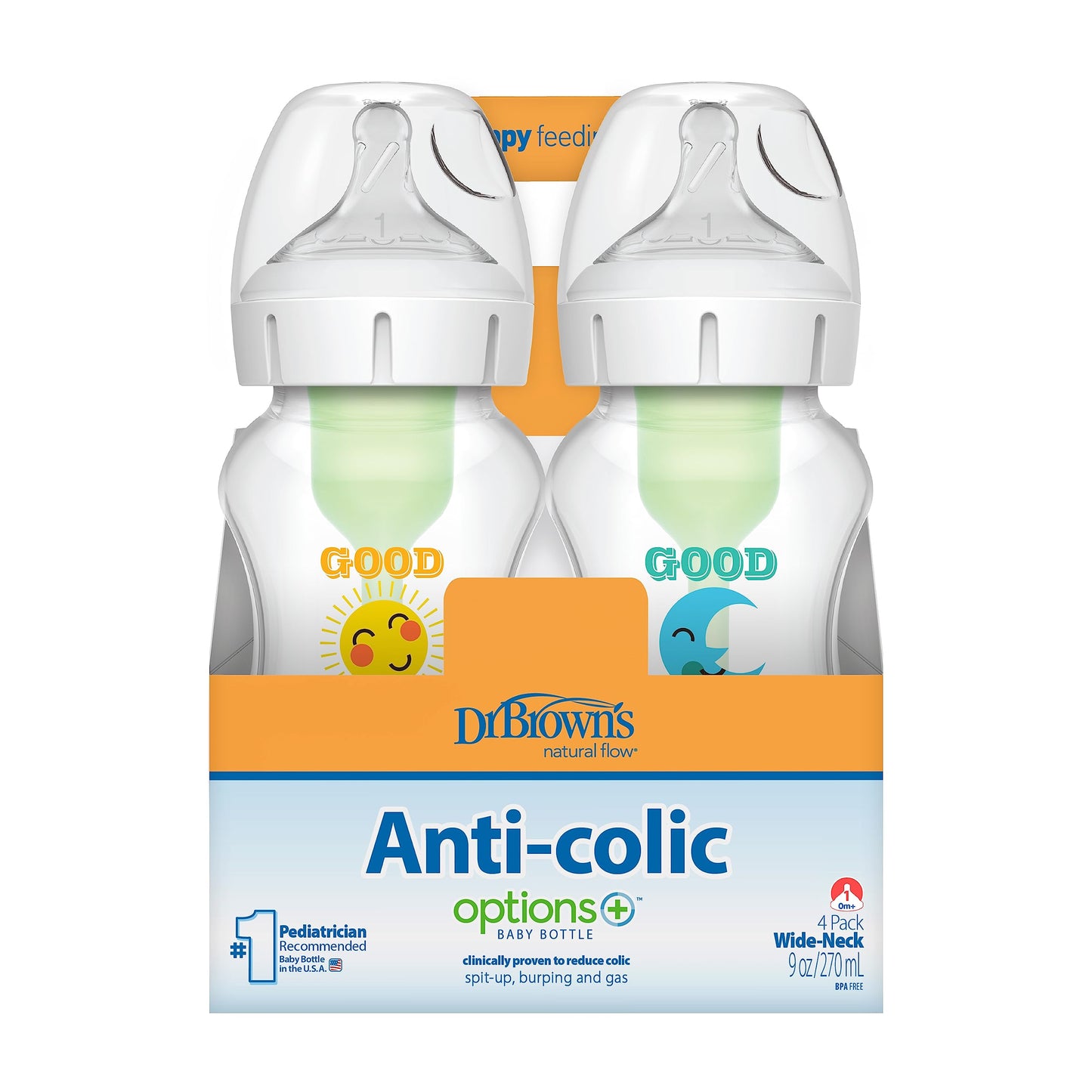 Dr. Brown's Natural Flow Anti-Colic Options+ Wide-Neck Baby Bottles, 9 oz/270 mL, with Level 1 Slow Flow Nipple, 4 Pack Good Morning/Good Night Gift Set