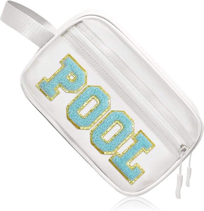 COSHAYSOO Clear POOL Makeup Bag Small Travel Pouch for Women Teenager Girls Pool Accessories Stuff Organizer Preppy Chenille Letter Patch Summer Girly Things