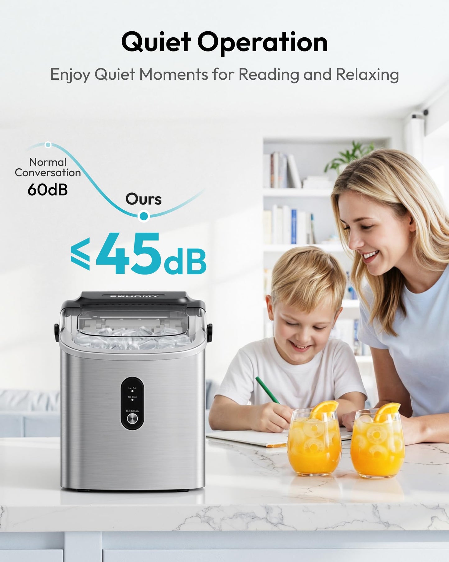 EUHOMY Ice Maker Countertop, Portable Ice Machine with Carry Handle, 26.5lbs Per Day, 9 Cubes in 6 Mins, Auto-Cleaning, with Basket and Scoop, for Home, Kitchen, Camping, RV (Silver)