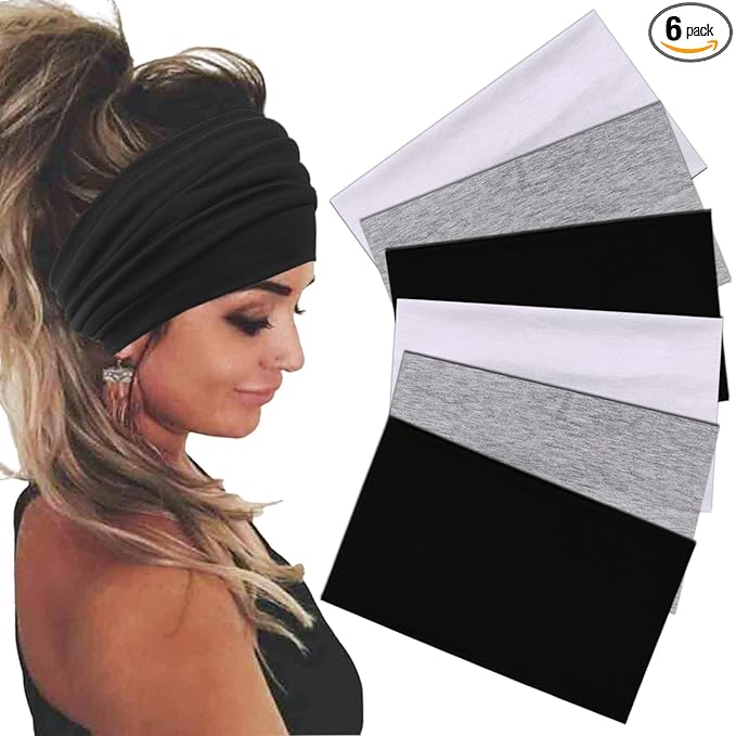 Sefiinh Wide Headbands For Women Stretch Headband Boho Head Bands Women's Hair Band Turban Workout Hairband Accessories Black Gray White 6 Pack