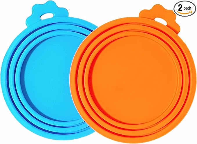 MoPawKT- Pet Food Can Covers, Silicone Can Lids for Cat/Dog Food Cans, Universal Sizes for 3 oz, 5.5 oz, 6.5 oz, 13 oz, 13.2 oz Standard Pet Food Cans, BPA Free, Reusable (set of 2 in Blue&Orange)