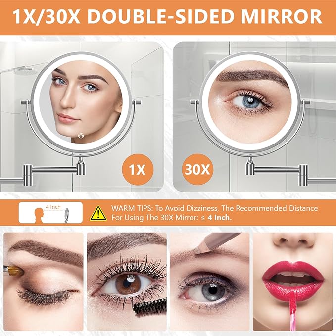 Auxmir 1X/30X Wall Mounted Lighted Makeup Mirror, 8" Rechargeable Double-Sided Magnifying Mirror with Light, Touch Dimmable 3 Color Light, 360° Rotation Foldable Extended Arm, Chrome