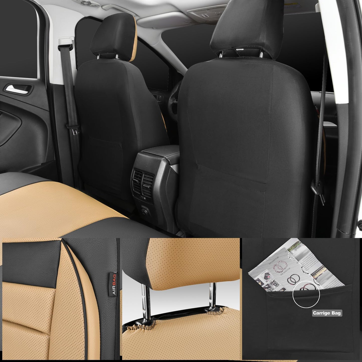 CAR PASS Faux Leather Car Seat Covers Front Seats Only, 3D Foam Support Car Seat Covers, Universal fit for Trucks Vans SUVs Sedans Automotive Comfortable, Airbag Compatible 2 Pieces Front Black Beige