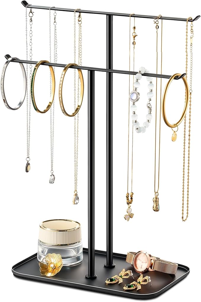 pickpiff Necklace Holder Jewelry Organizer Stand Ã¢ÂÂ 2Ã¢ÂÂTier TÃ¢ÂÂBar Jewelry Display Tree with Tray for Countertop Necklace Bracelet Earring Storage, Vanity Dresser Bathroom Sink, Black
