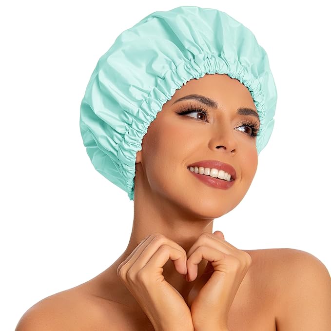 Reusable Shower Cap for Women, Large Waterproof Shower Bonnet with Elastic Band, Washable Bath Hair Cap for Long, Curly Hair, Braids, Daily Shower, Home Spa, Travel(Mint Green)