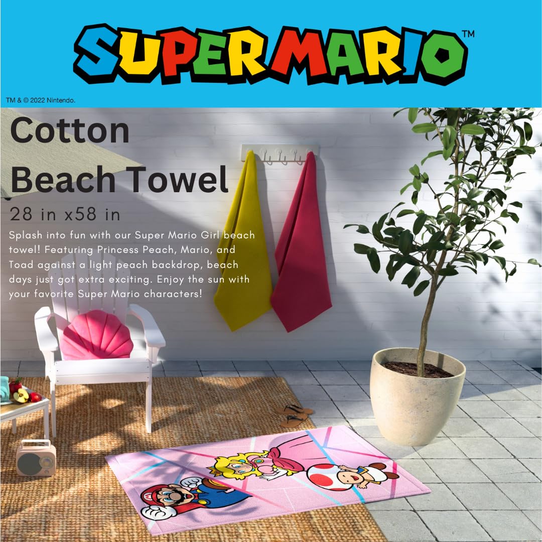 Super Mario Girl Princess Peach Kids Super Soft Cotton Bath/Pool/Beach Towel, 58 in x 28 in, (Officially Licensed Product) By Franco