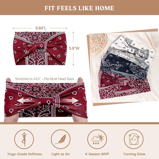 Awumbuk Wide Headbands for Women Knotted No Slip Head Bands Soft Turban Headband Hair Accessories Boho African Solid Color Head Wraps for Women Yoga Workout Pack of 6(Boho)